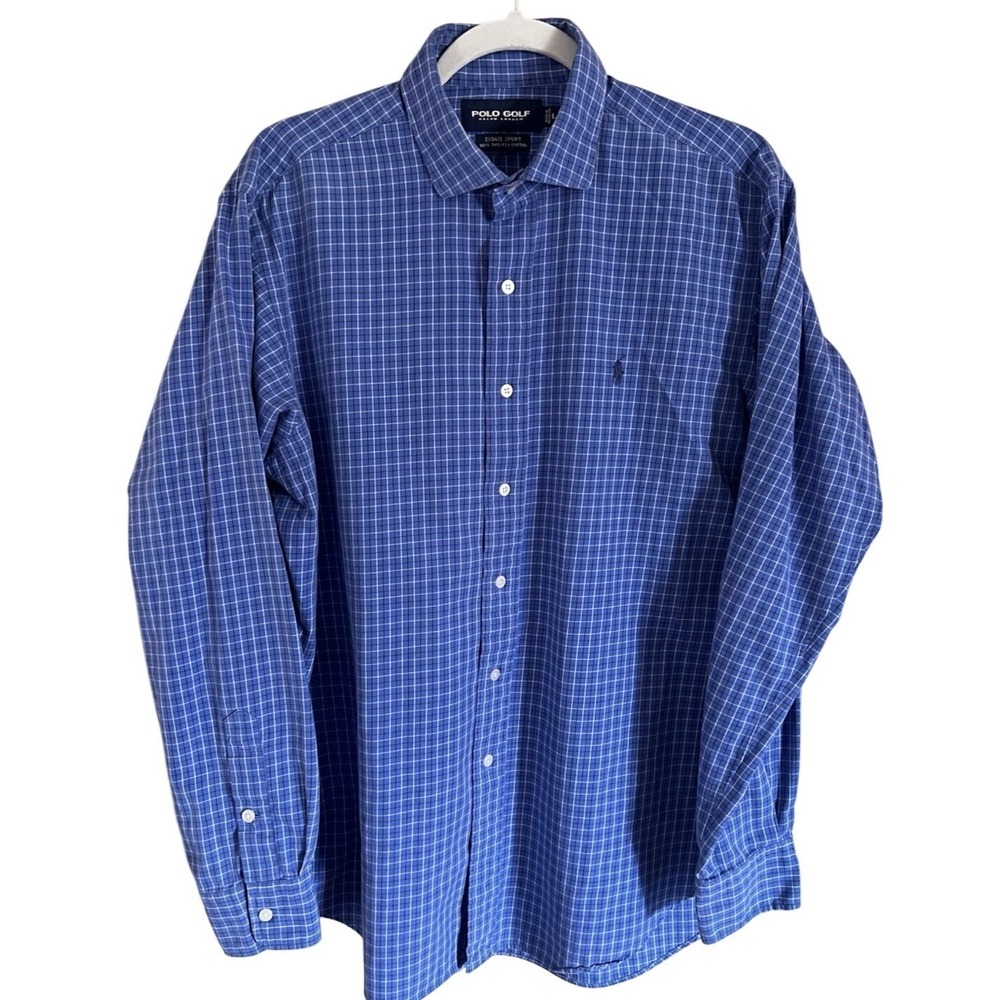 Polo Golf Ralph Lauren Button Down Shirt Mens L Blue Check Estate Sport Cotton